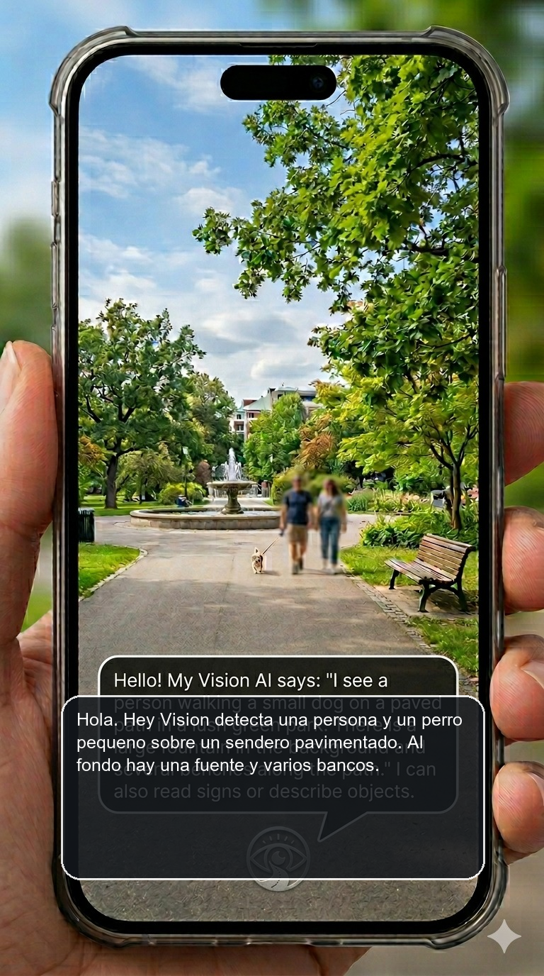 Ejemplo vertical de Hey Vision describiendo una escena en el móvil